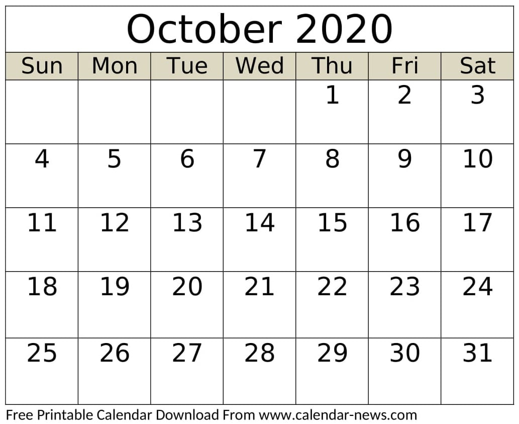October 2020 Calendar Template Word Excel Pdf