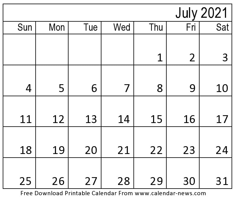 Blank July 2021 Calendar