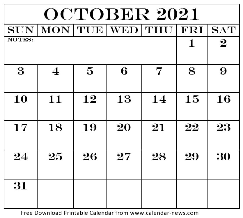 October 2021 Calendar With Holidays