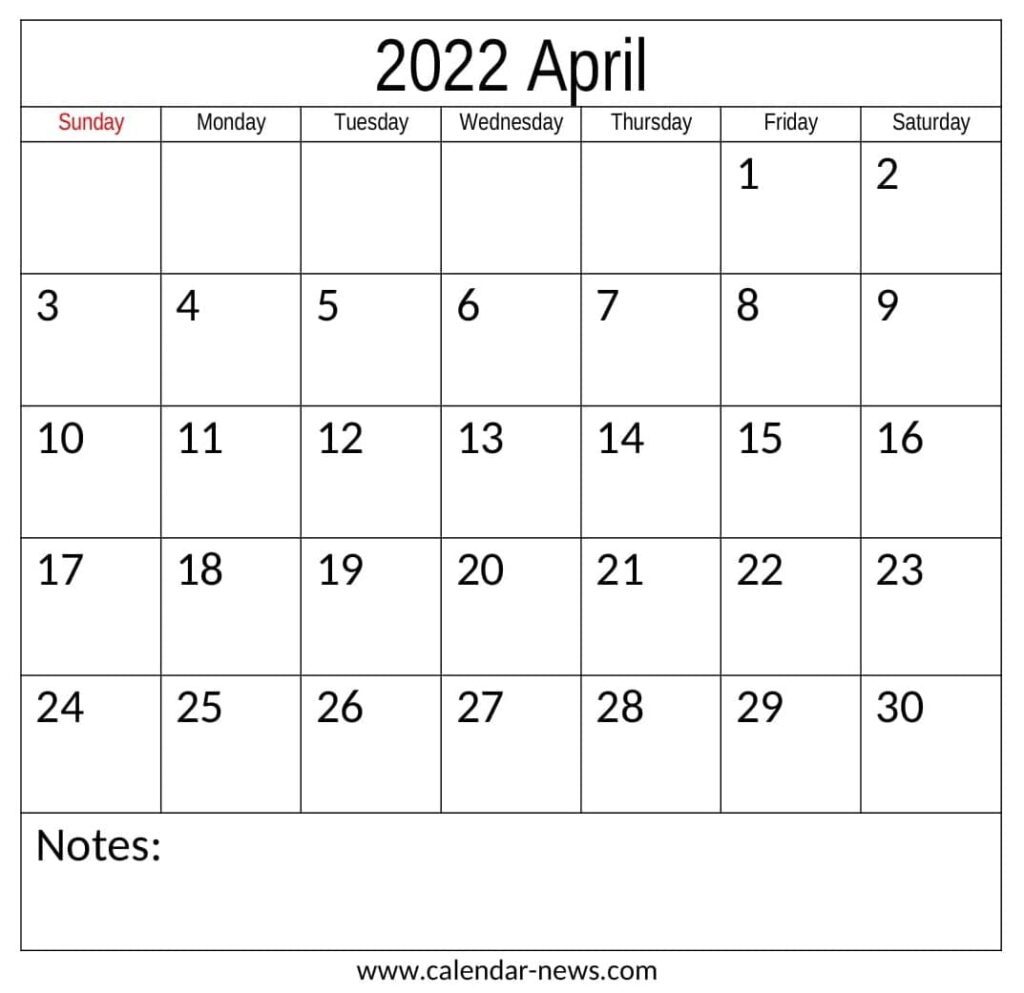 Printable April 2022 Calendar