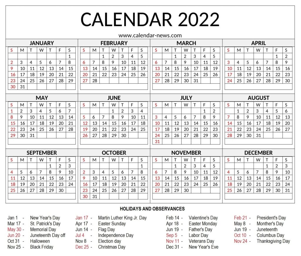 Printable Yearly 2022 Calendar