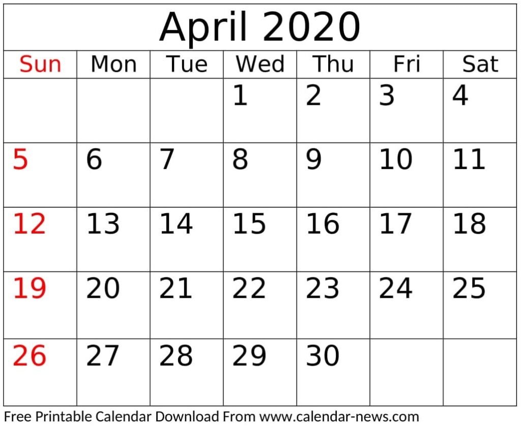 April 2020 Calendar PDF