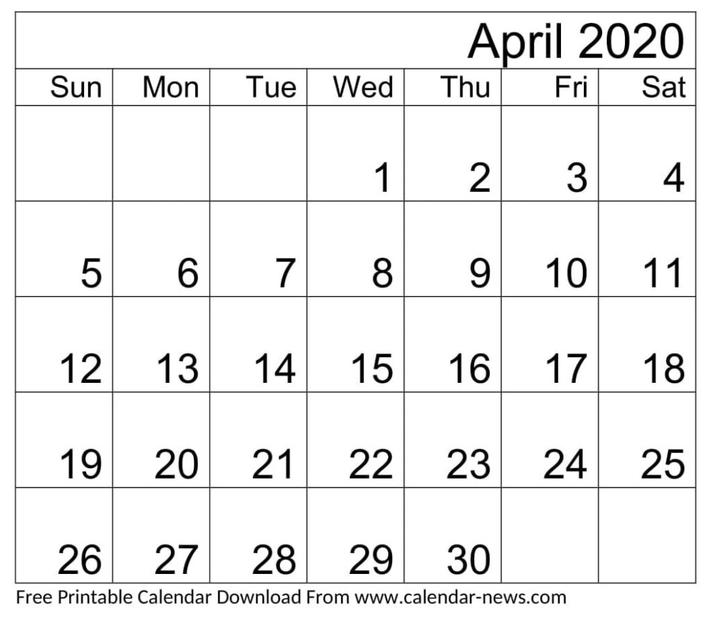 April 2020 Calendar Word