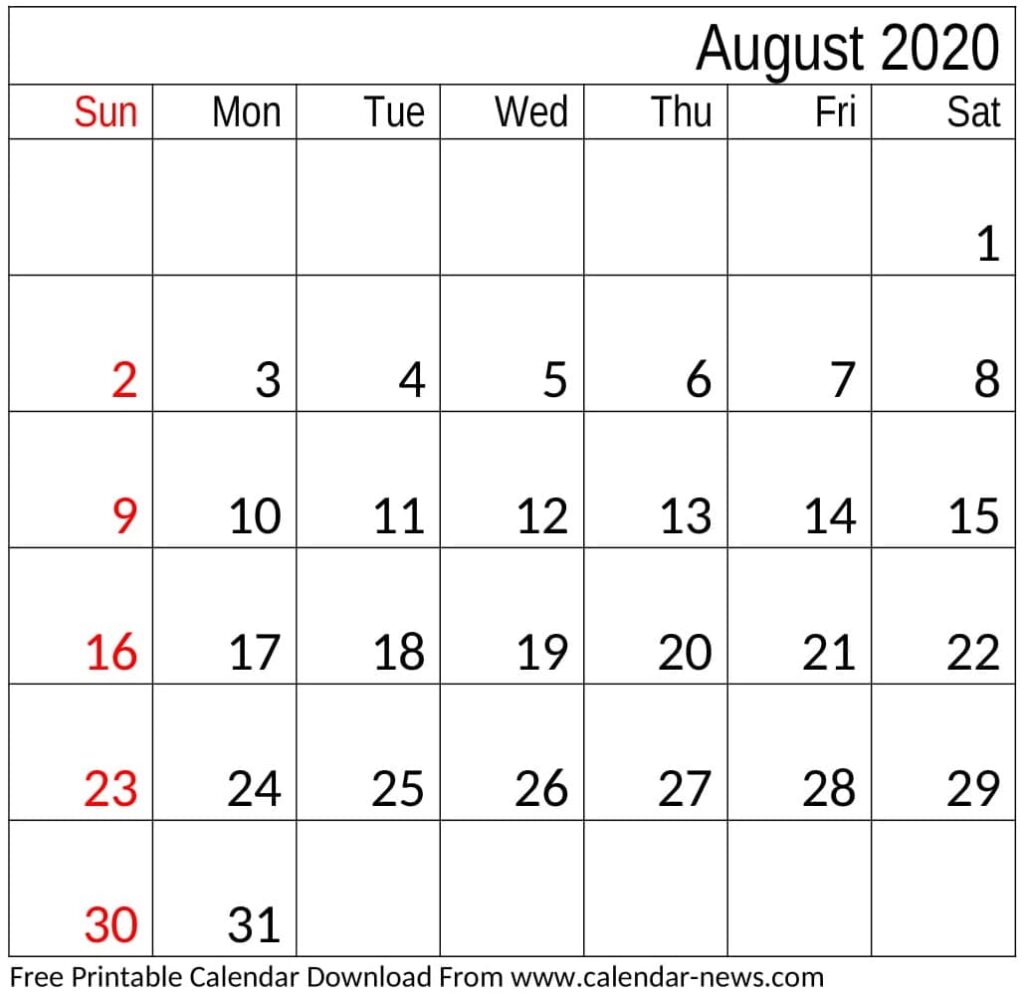 August 2020 Blank Calendar