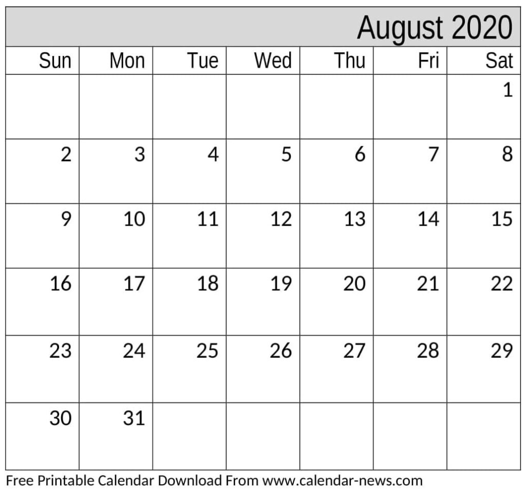 August 2020 Calendar Editable