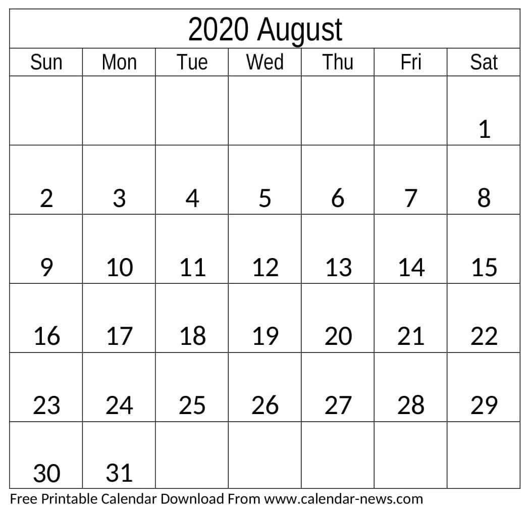 August 2020 Calendar Monthly