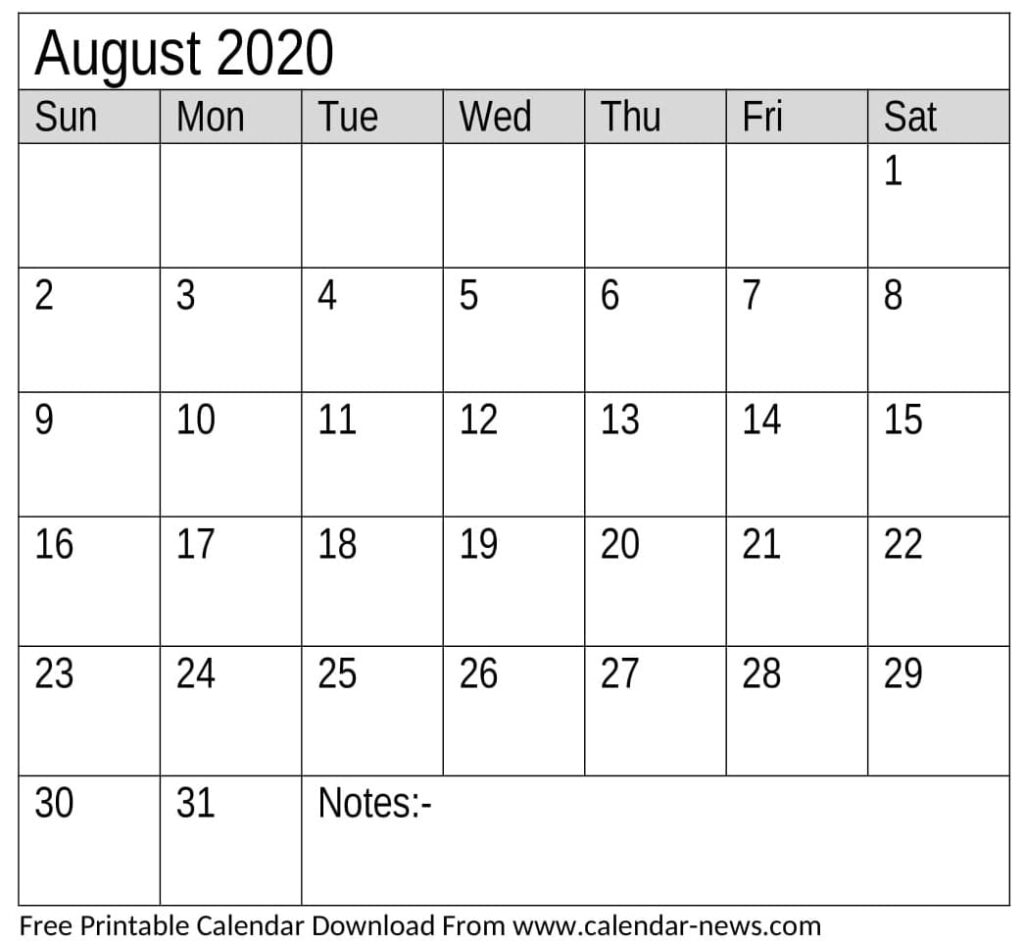 August 2020 Calendar Template