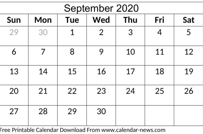 Blank September 2020 Calendar Monthly And Weekly Sheet