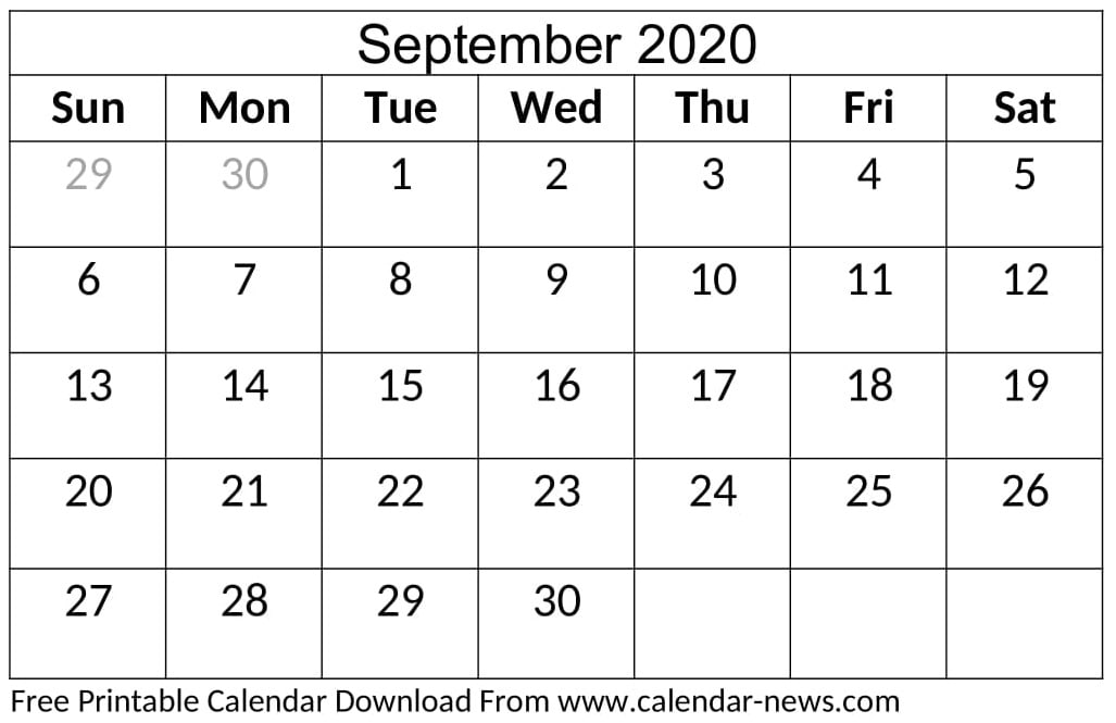 Blank September 2020 Calendar Cute