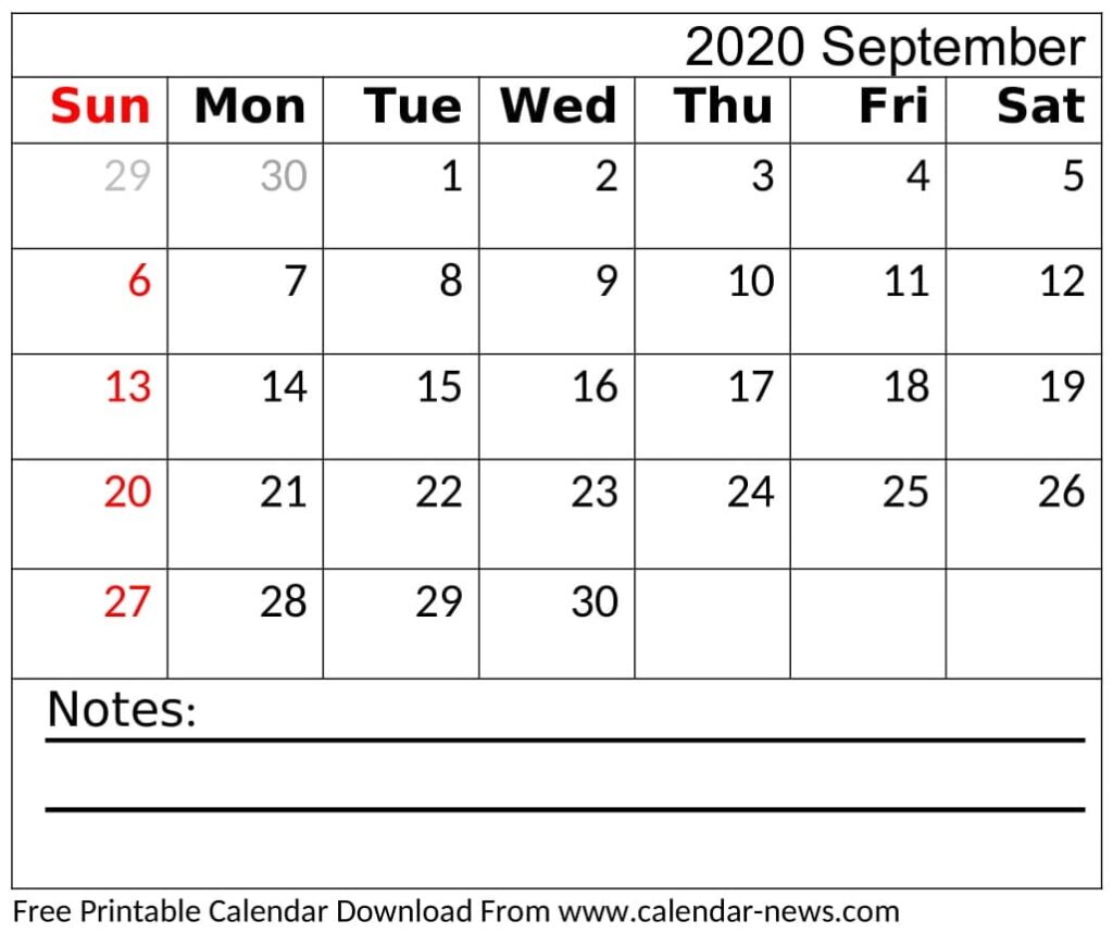 Blank September 2020 Calendar Editable