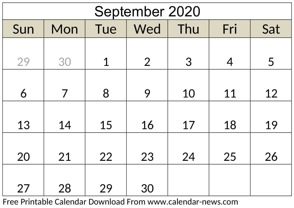 Blank September 2020 Calendar Monthly