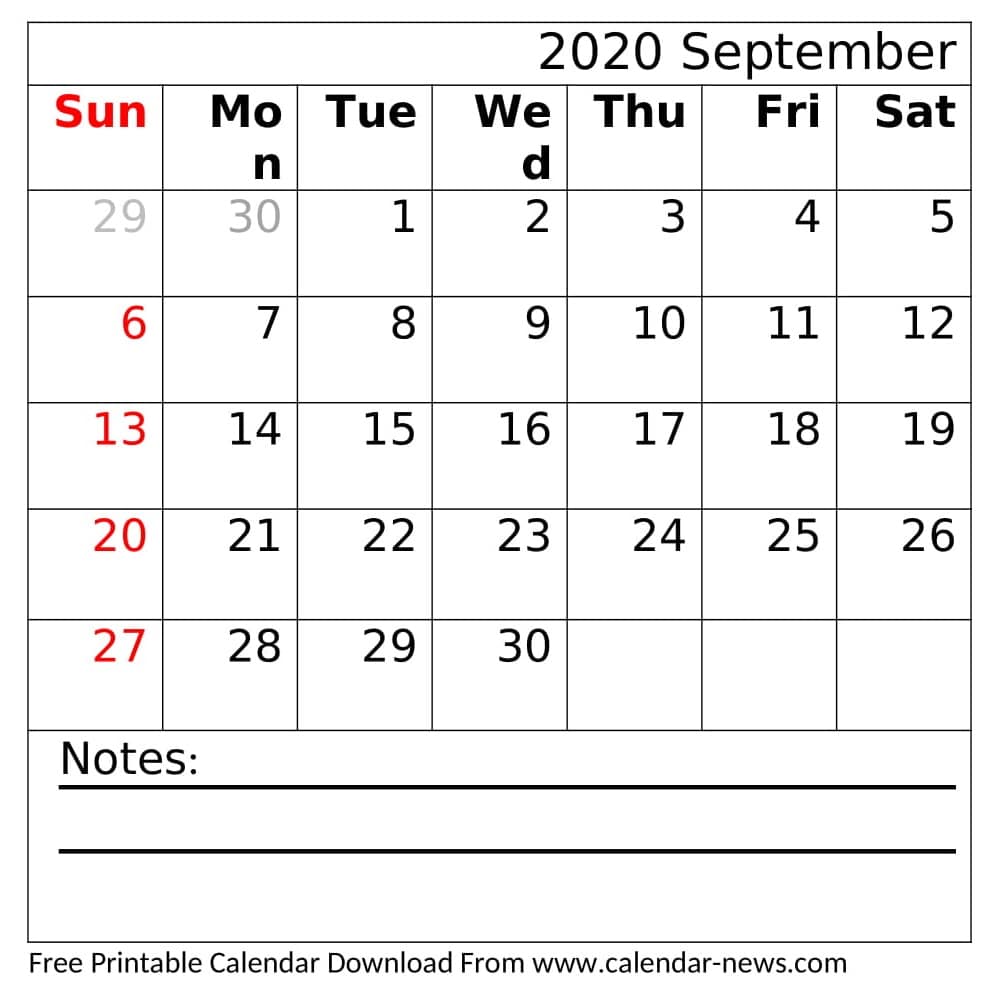 Cute September 2020 Calendar