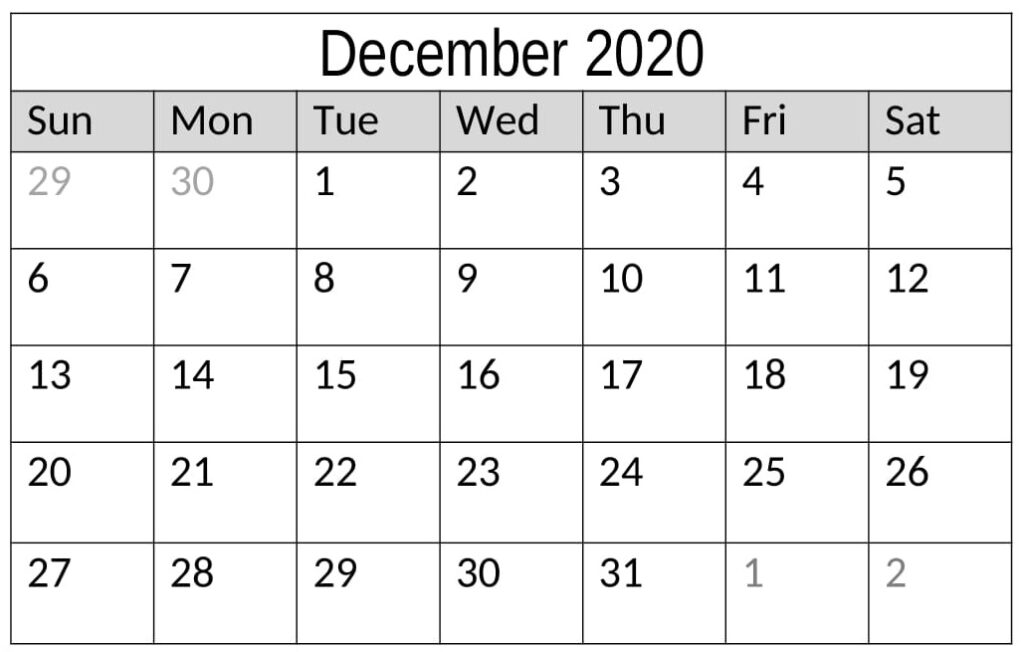 December 2020 Calendar