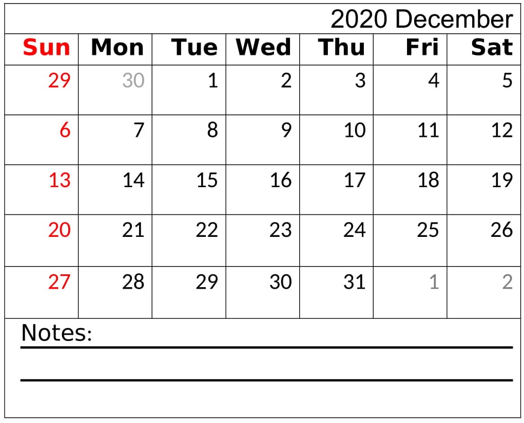 December 2020 Calendar Blank