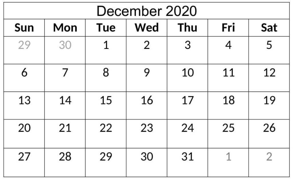 December 2020 Calendar Template