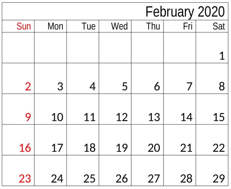 February 2020 Calendar Template for Schedule Worksheet