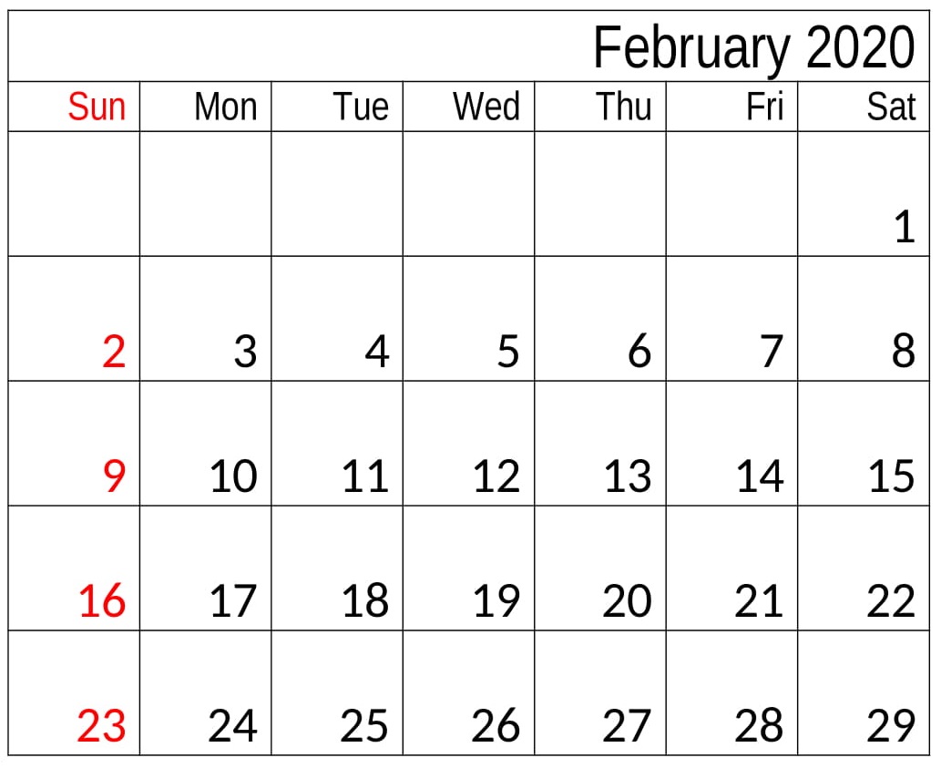 February 2020 Calendar Template Monthly