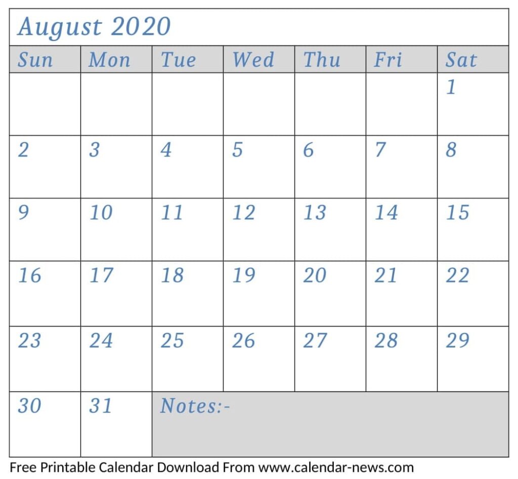 Free Printable August 2020 Calendar