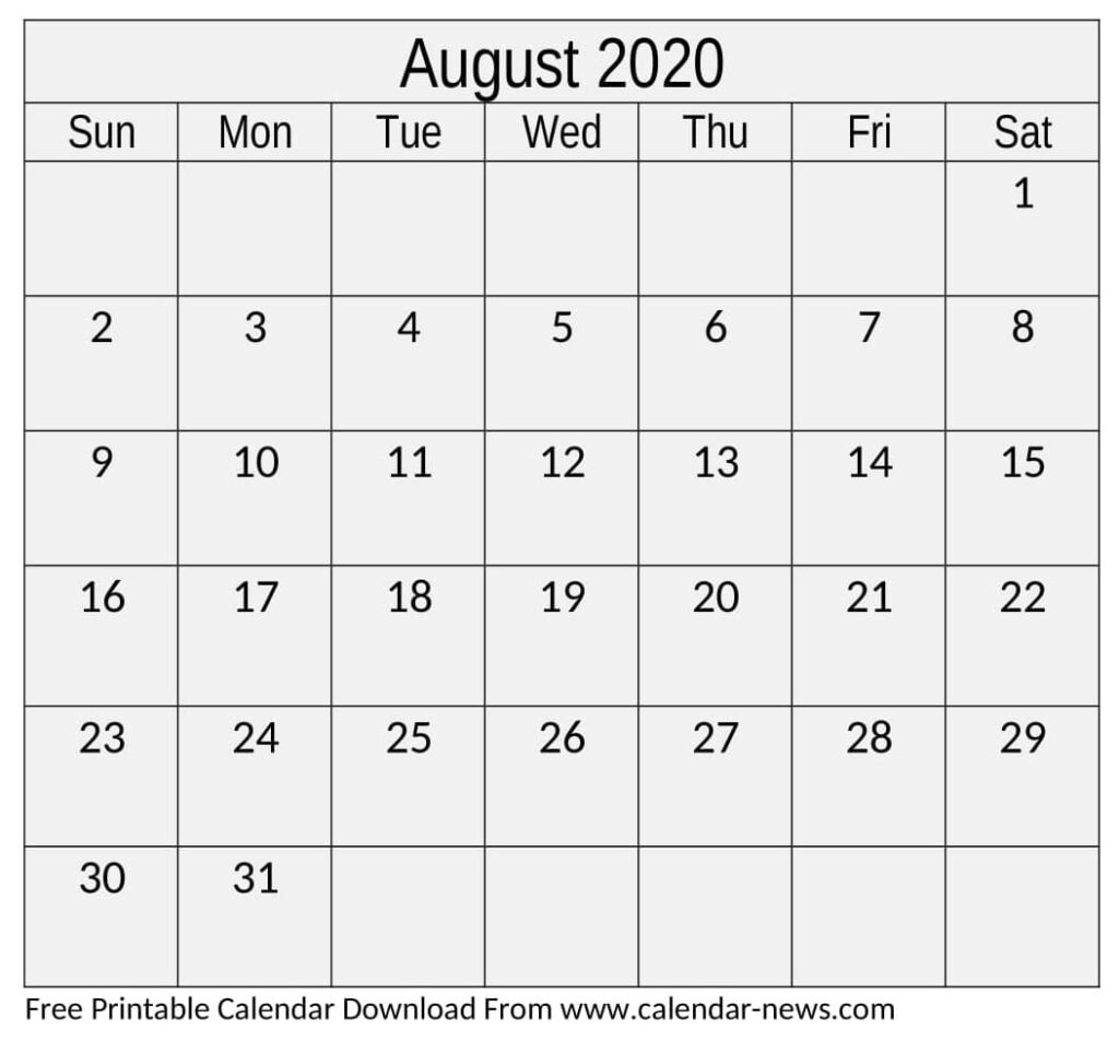 Free Printable August 2020 Calendar