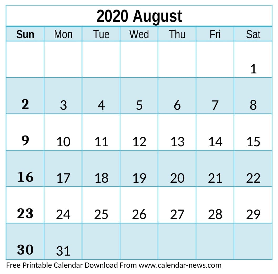 Free Printable August 2020 Calendar Cute