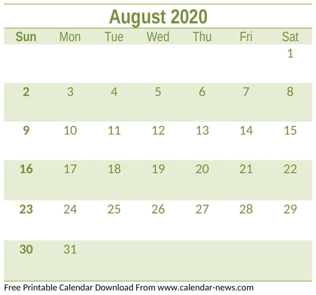 Free Printable August 2020 Calendar Free Download