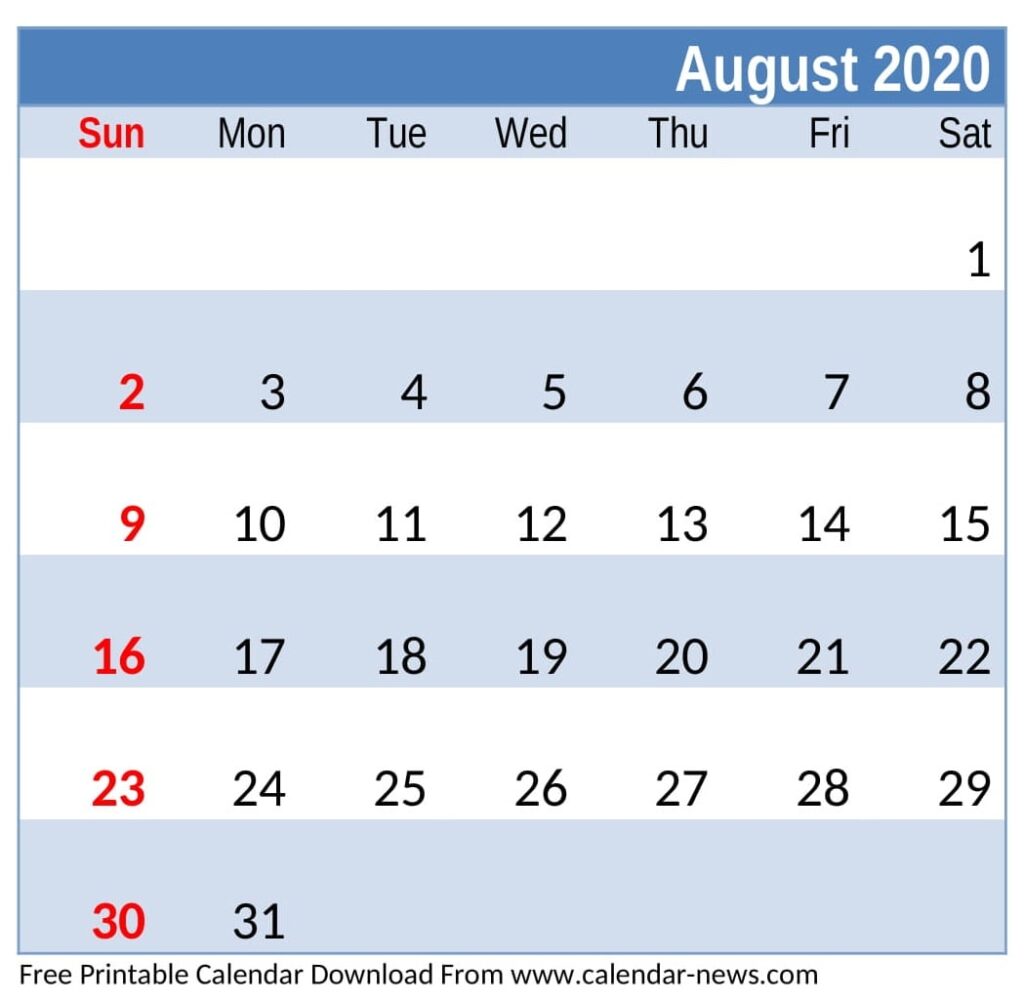 Free Printable August 2020 Calendar With Holidays