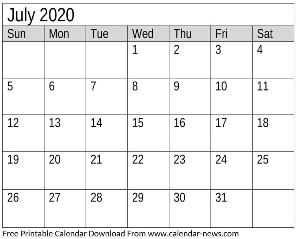 Free Printable July 2020 Calendar