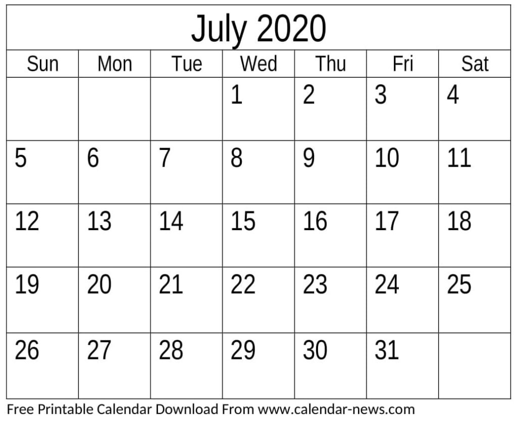 Free Printable July 2020 Calendar Desk