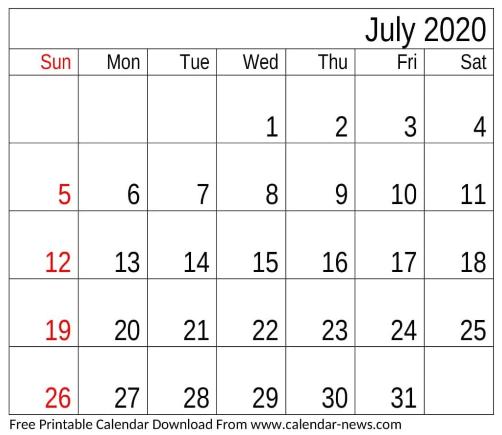 Free Printable July 2020 Calendar Template