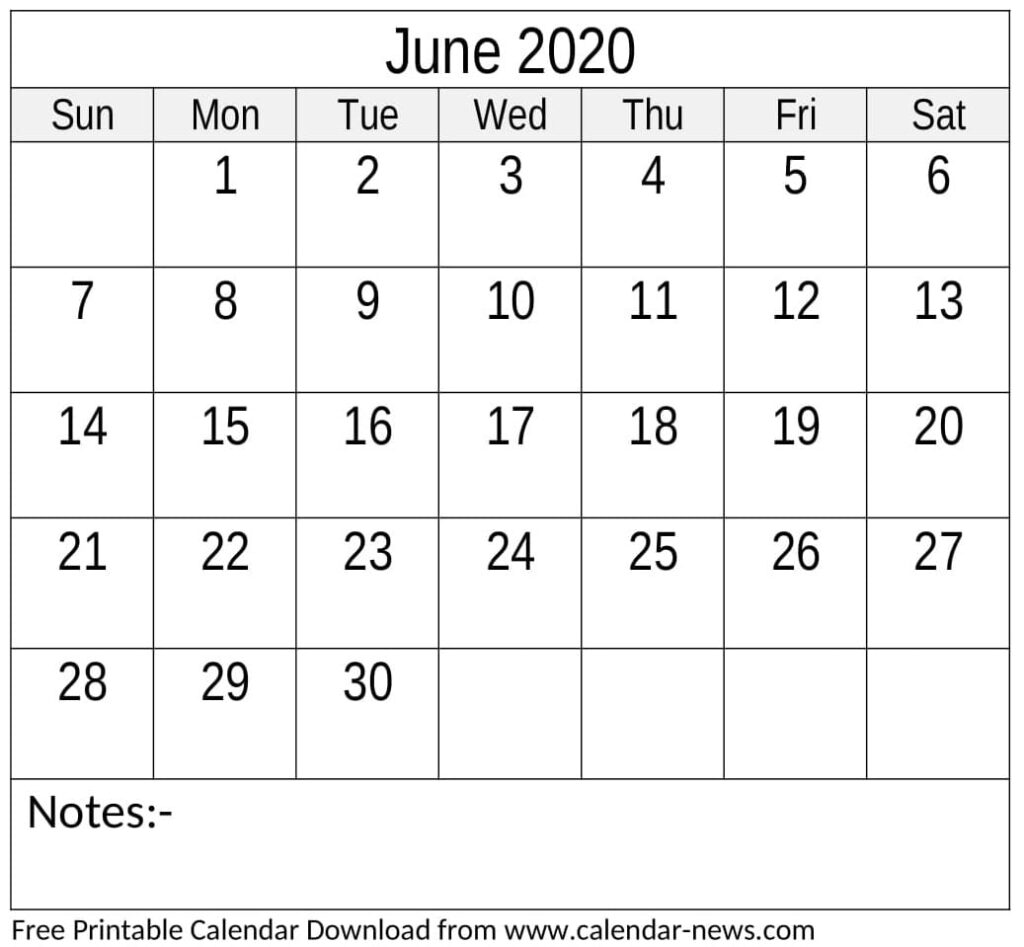 Free Printable June 2020 Calendar Cute