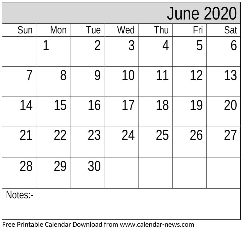 Free Printable June 2020 Calendar Portrait