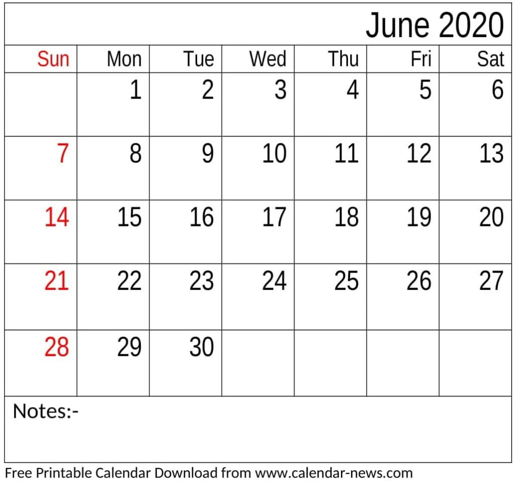 Free Printable June 2020 Calendar Word