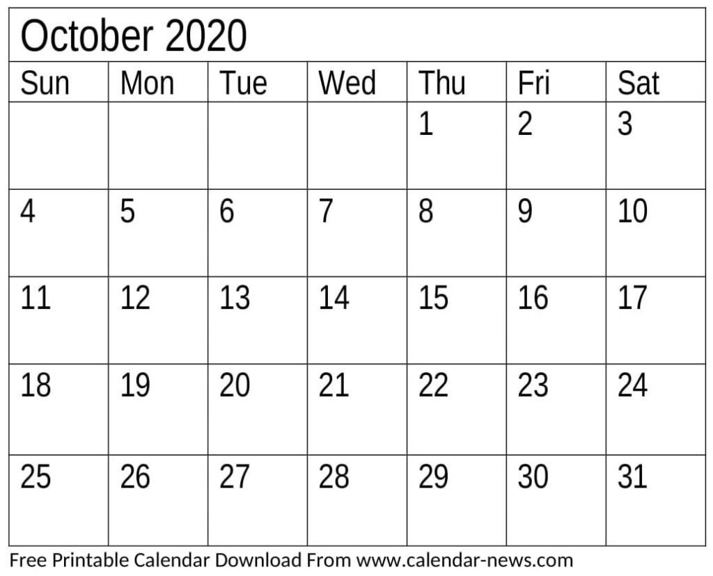 Free Printable October 2020 Calendar