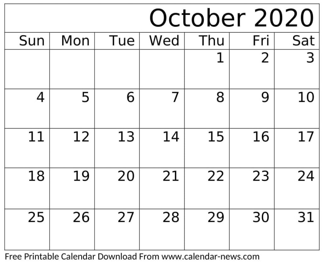 Free Printable October 2020 Calendar Word