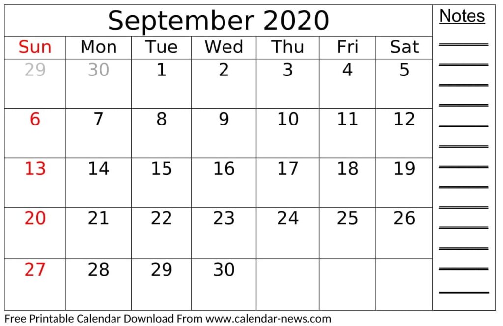 Free Printable September 2020 Calendar Monthly