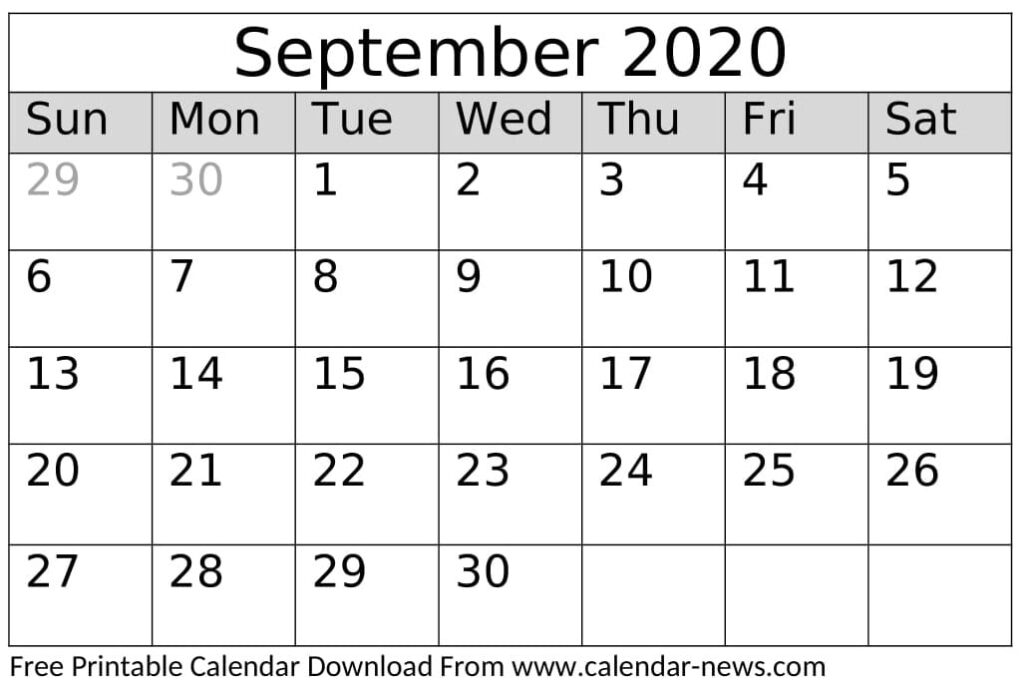 Free Printable September 2020 Calendar Template