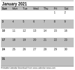 Calendar January 2021