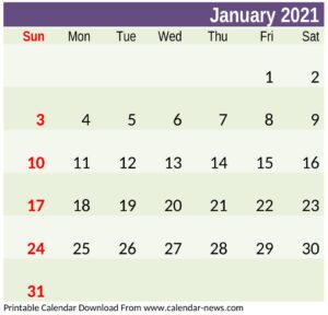 2021 Calendar January