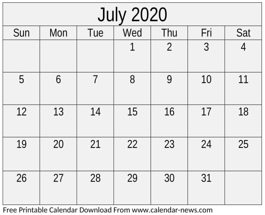 July 2020 Calendar Template