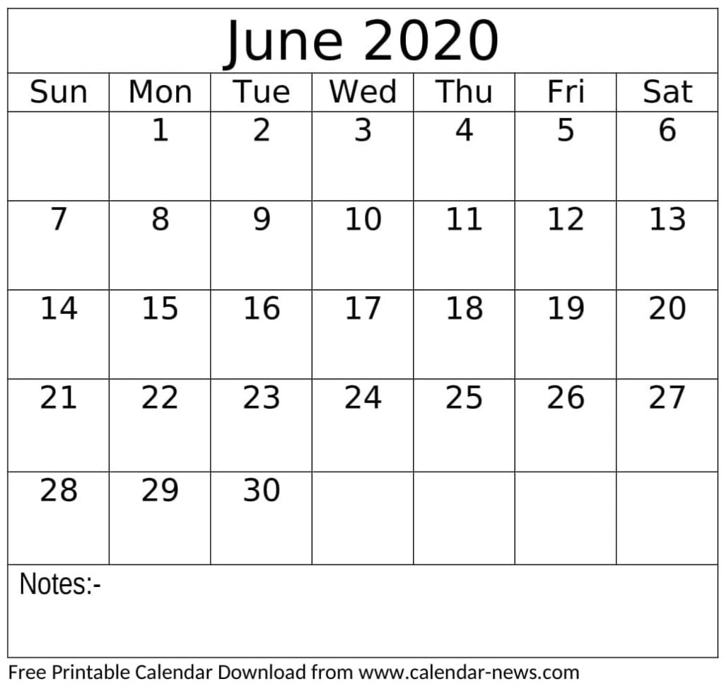 June 2020 Calendar Monthly