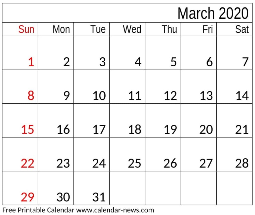 March 2020 Calendar Template Free