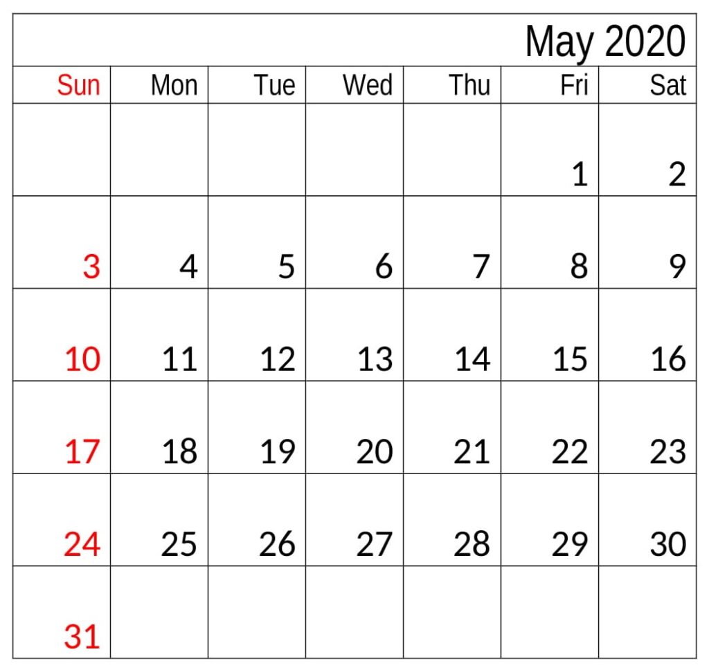 May 2020 Calendar Printable Template