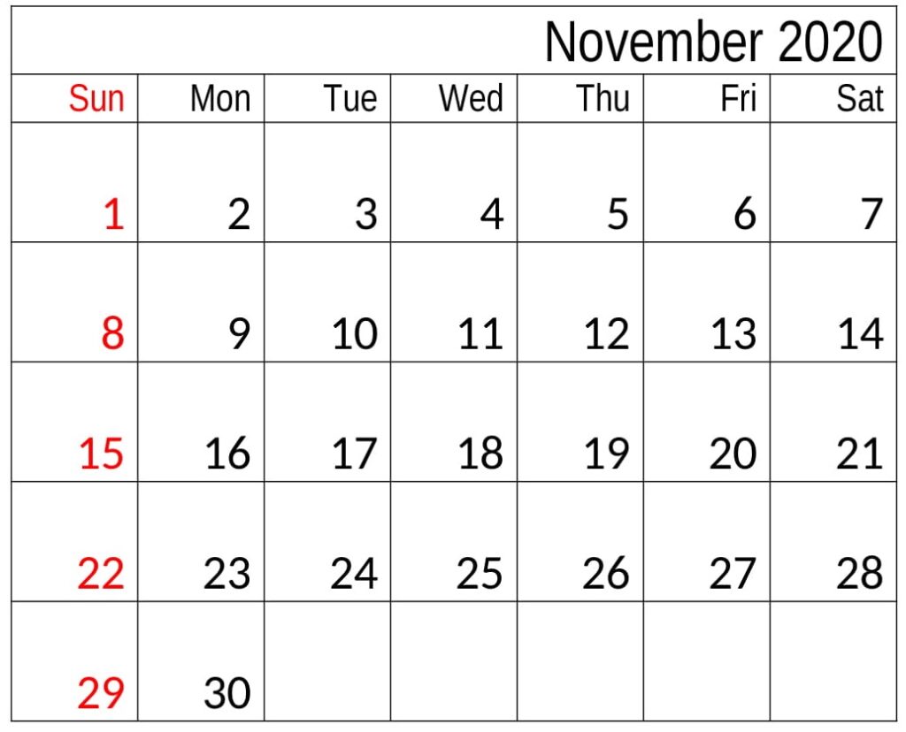 November 2020 Calendar Free Editable Monthly Template