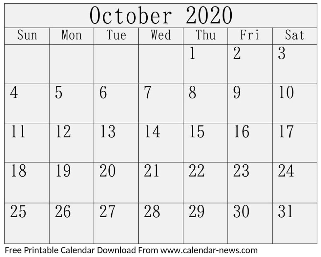 October 2020 Calendar Blank Pages