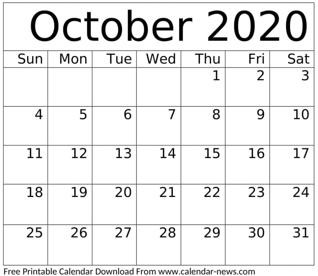 October 2020 Calendar Note Blank