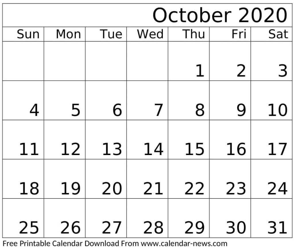 October 2020 Calendar Printable Planner