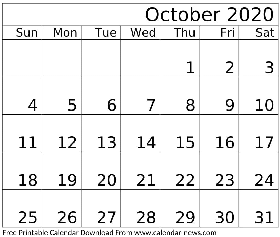October 2020 Calendar Printable Planner