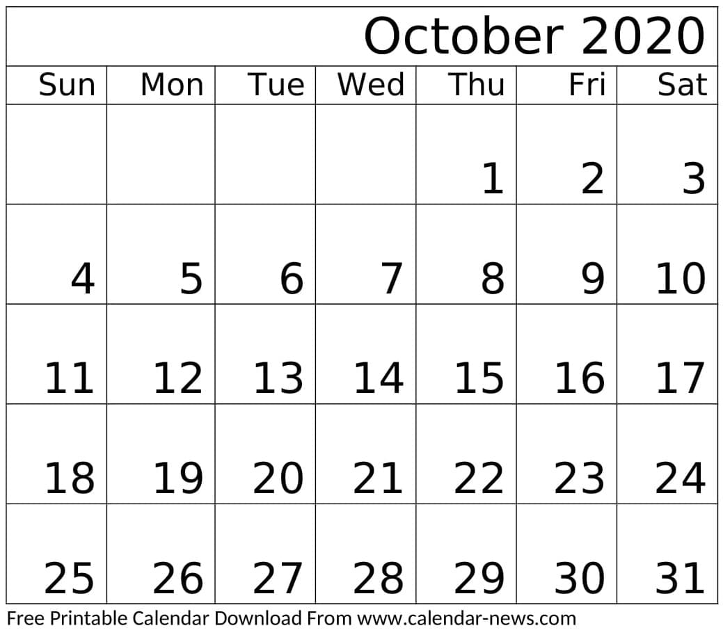 October 2020 Calendar Template Download
