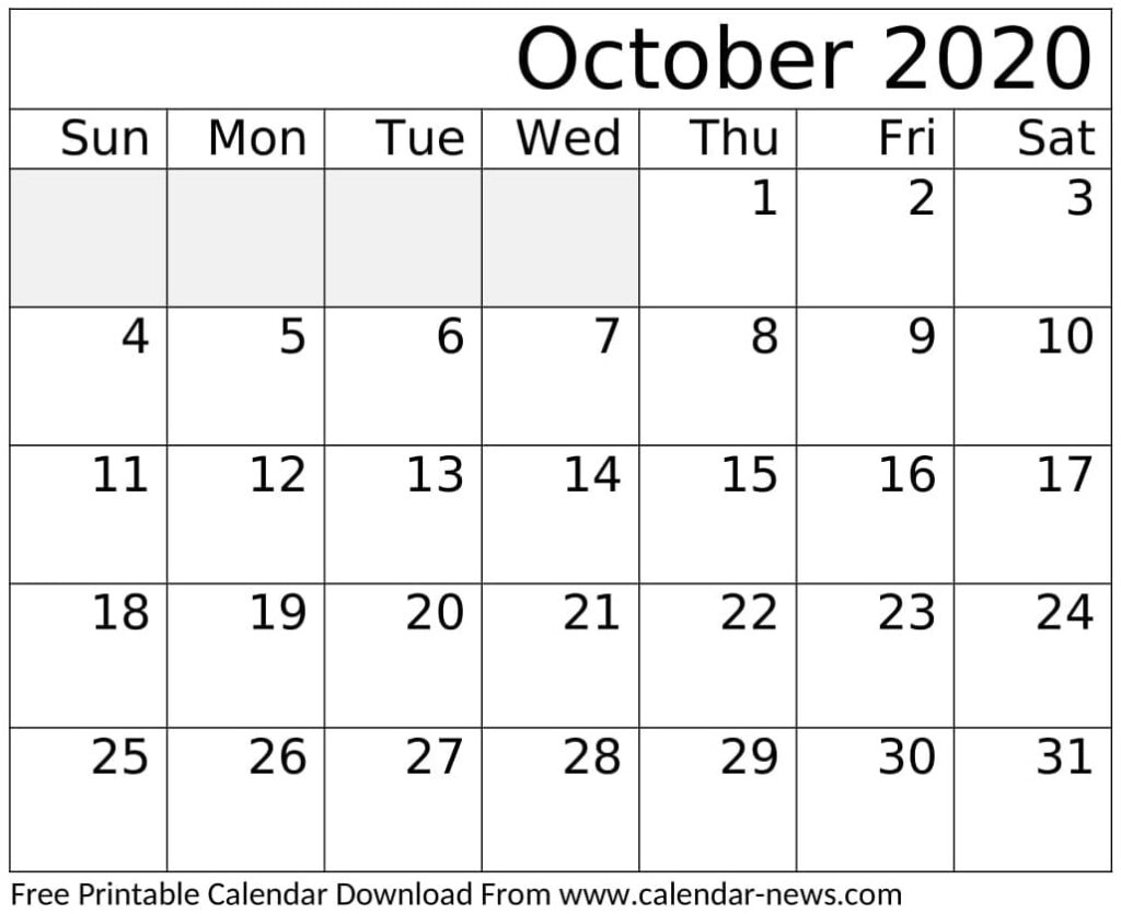 October 2020 Calendar Template Editable