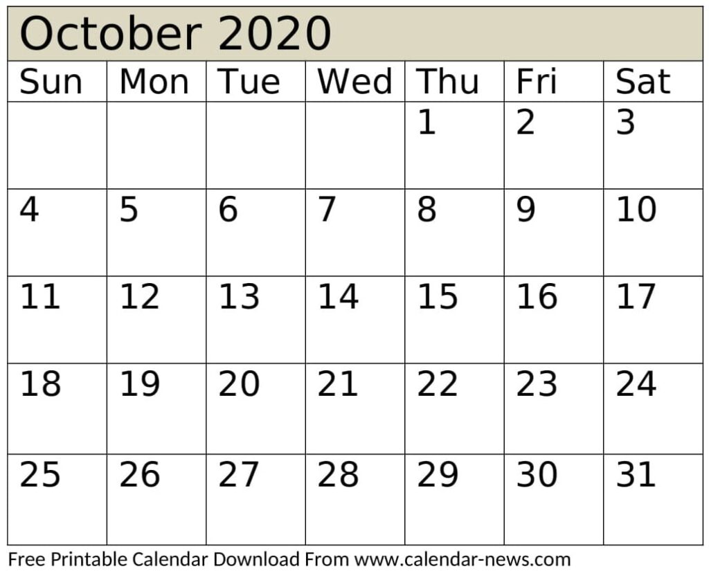 October 2020 Calendar Template Monthly